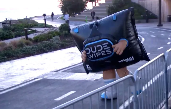 DUDE Wipes activation featuring oversized branded product costumes